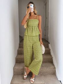 Easowa 黄色可爱碎花吊带背心和松紧腰裤套装，夏季 - 綠色 - 查看 7