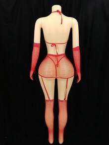 SHEIN 5件套女士性感内衣套装，包括连体衣、手套、丝袜、丁字裤和薄纱网眼睡衣 - 紅色 - 查看 8