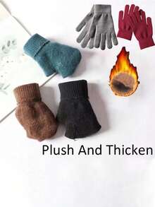 1 Pair Unisex Winter Warm Cold-Proof Fleece Knitted Hand Warmers Black Gloves Full Finger Knitted Gloves Women Men Thicken Warm Outdoor Cycling Gloves - Multicolor - View 2