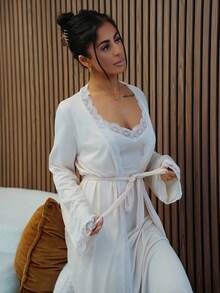 SAYEHFBABY Elegant Solid Color Lace Trim Robe & Camisole Nightgown Sleepwear Set - Apricot - View 2
