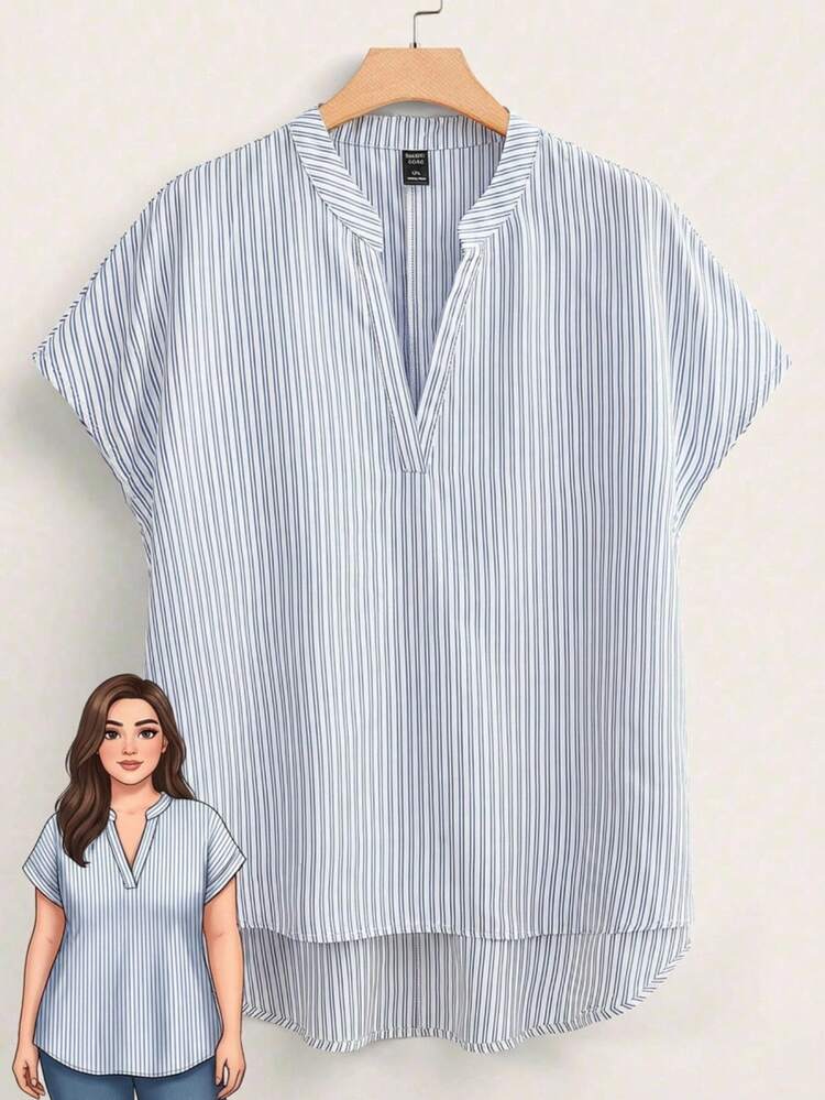 Plus Size Women Striped V-Neck Batwing Short Sleeve Casual Loose Fit Tunic Blouse,Spring/Summer/Vacation
