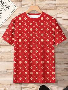 Manfinity Dauomo 男士休闲全印花圆领短袖T恤，夏季 - 紅色 - 查看 4