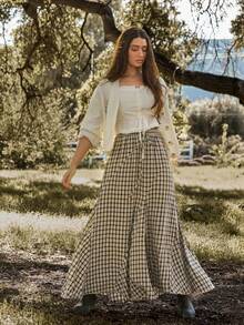 WESTFADE High Drawstring Waist Asymmetrical Seamed Plaid Midi Skirt Fall, Autumn, Winter, Casual, Cute, Western Wear, Boho, Christmas, New Years, NYE, Holiday