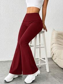 SHEIN PETITE 女士纯色喇叭紧身裤翻边打底裤弹力靴型喇叭裤瑜伽裤Y2K慢跑裤 - 酒紅色 - 查看 6