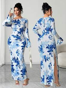 Elenzga 大码不对称领口长袖印花连衣裙 - 藍色 - 查看 1