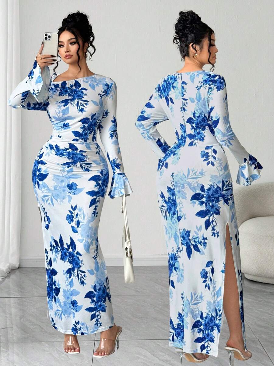 Elenzga 大码不对称领口长袖印花连衣裙 - 藍色 - 查看 1