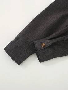 SHEIN Áo sơ mi tay dài in chữ đơn hàng khuy đơn giản có túi dành cho bé trai - màu đen - Xem 5