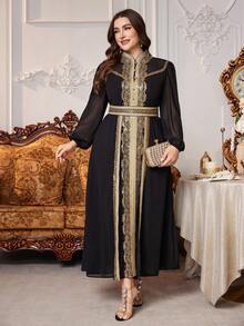 Layrah 大码女士优雅时尚奢华修身阿拉伯传统连衣裙，饰有缎带边 - 黑色 - 查看 3