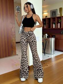 SHEIN EZwear 女性時尚高腰性感豹紋喇叭褲長褲 - 棕色 - 查看 5