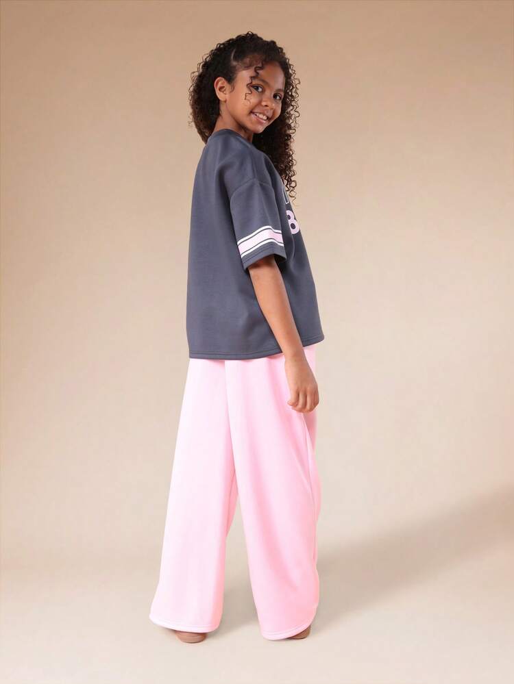 Oversized Graphic Tee And Jogger Set With Striped Sleeves