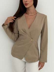 Aloruh 卡其色极简主义办公室通勤深V腰褶裥长袖女式西装外套 - 卡其色 - 查看 2