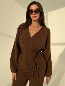 Aloruh 简约通勤咖啡色系带泡泡袖开衫+阔腿针织裤休闲套装，适合秋冬季办公室穿着。 - 咖啡棕 - 查看 6