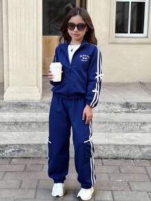 SHEIN 两件套少女休闲百搭条纹长袖外套和条纹领结口袋休闲裤套装 - 藏蓝色 - 查看 6
