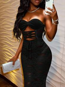 Slaydiva 春夏新款优雅蕾丝连衣裙，细肩带设计，交叉露背，鱼尾裙摆，适合派对、约会、宴会、休闲、度假、邮轮、海滩、日光浴等场合，红色 - 黑色 - 查看 3