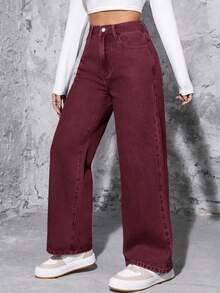 SHEIN PETITE Quần jeans ống đứng cạp cao giặt thường ngày cho nữ - Màu Đỏ Sâu - Xem 3