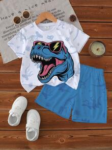 SHEIN GraphicGems 1 Set Young Boys Casual Fashion Funny Cartoon Dinosaur Print Short Sleeve Crew Neck T-Shirt And Shorts Set, Suitable For Outdoor, Sports, School, Spring/Summer, Blue Dinosaur Print Set - Multicolor - View 3
