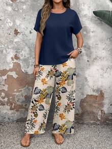 EMERY ROSE 2pcs/Set Women Casual Floral Pattern Round Neck Top And Loose Pants, Versatile For Autumn & Summer Women Wide Leg Pants Floral Pants,Casual - Multicolor - View 6