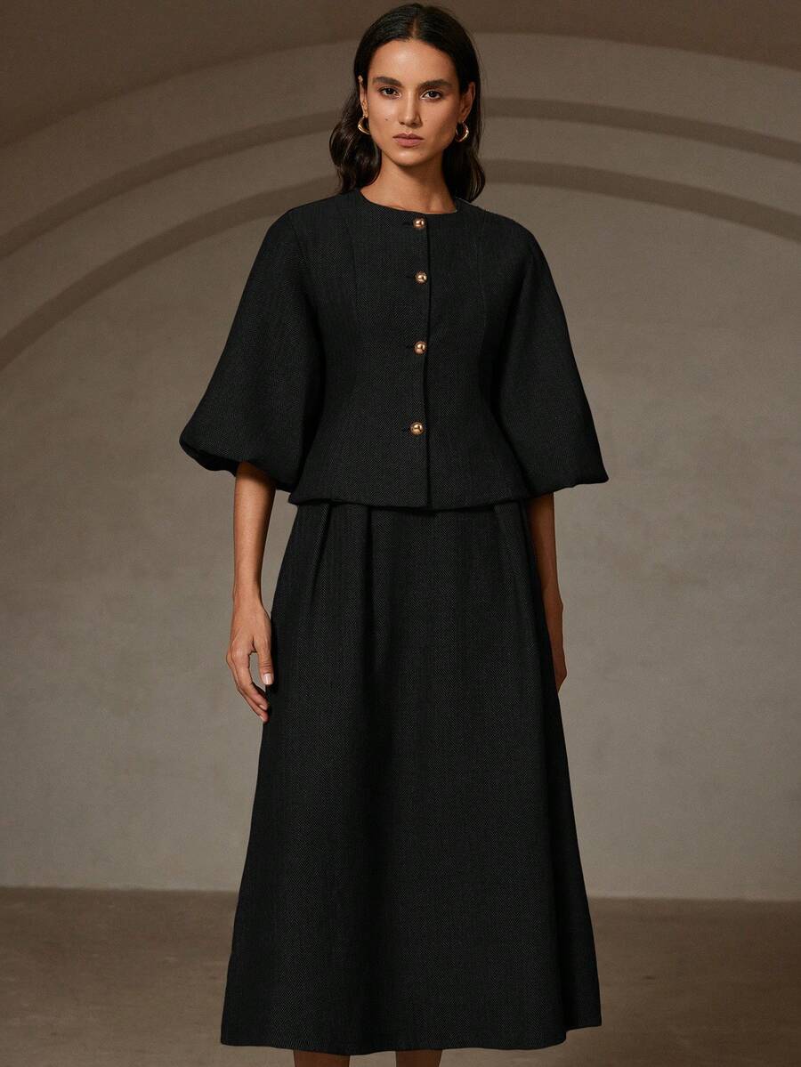 Aveloria Rosie Commuter Chic Waist Cinched Top And Skirt Women Two Pieces Outfits - Black - View 1