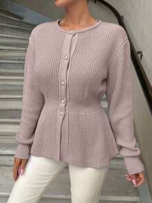 Knitwear Peplum Hem Cardigan With Fancy Buttons - Dusty Pink - View 4