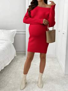 SHEIN 休闲舒适纯色长袖孕妇毛衣连衣裙 - 紅色 - 查看 5