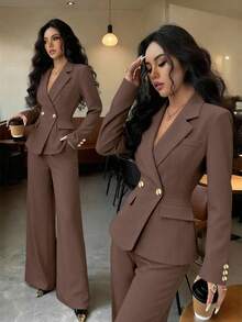 Rafferiza Women's Elegant Commuter Reversible Collar Solid Color Blue Gold Button Blazer + Pocket Pants, Versatile For Autumn/Winter - Brown - View 1