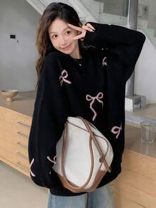 DAZY 女士休闲宽松圆领长袖蝴蝶结针织毛衣 - 黑色 - 查看 3