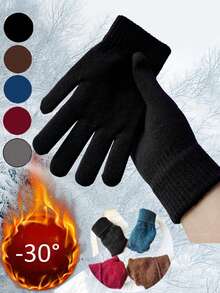 1 Pair Unisex Winter Warm Cold-Proof Fleece Knitted Hand Warmers Black Gloves Full Finger Knitted Gloves Women Men Thicken Warm Outdoor Cycling Gloves - Multicolor - View 1