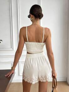 Serisse 2 件套女士弧形下摆短款吊带背心和短裤套装 - 杏色 - 查看 2