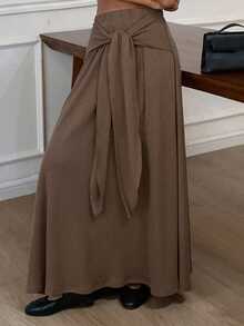 Livesso Loose Waist Drawstring Tie Knot Decor A-Line Skirt, Casual Business Vacation Street Style, Autumn/Spring - Brown - View 2