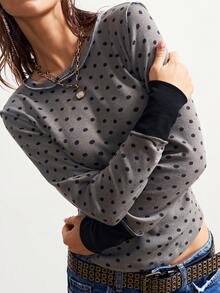 Bohemela 休闲波点图案长袖圆领女式T恤 - 灰色 - 查看 4