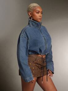 Denimoi 松紧腰带调节扣高领拉链短款牛仔夹克 - 中等水洗藍 - 查看 5