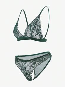 Floral Lace Bra & Thong Sexy Lingerie Set - Dark Green - View 3