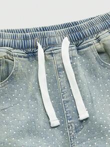 ROMWE MEN Street Life Teen Boy Drawstring Waist Pockets Rhinestone Embellished Skinny Jeans - Medium Wash - View 3