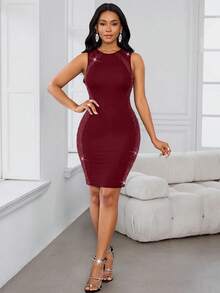 SHEIN Lady Váy ngắn không tay cổ tròn ôm sát đính sequin chắp vá cho nữ - Màu Đỏ Sâu - Xem 7