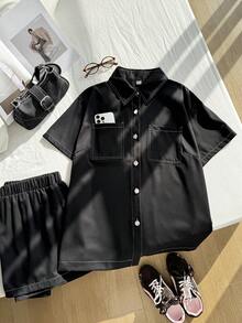 SHEIN EZwear 大碼頂針落肩袖襯衫&短褲