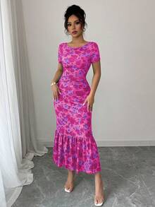 Elenzga 法式优雅印花荷叶边中长连衣裙 - 玫紅色 - 查看 3