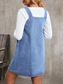 EMERY ROSE 女士休闲无袖牛仔连衣裙，带双口袋 - 藍色 - 查看 2