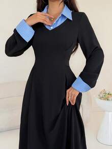 Mulvari Women's Elegant Black Long Sleeve Blue Striped Cinched Waist Arabic Dress, Autumn - Black - View 3