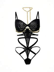 Chain Linked Cut Out Underwire Teddy Bodysuit Lingerie, Baddie Look - Black - View 1