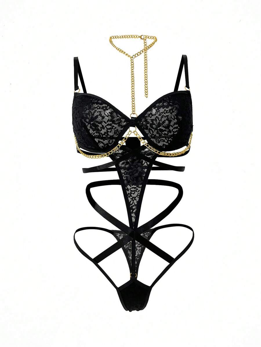 Chain Linked Cut Out Underwire Teddy Bodysuit Lingerie, Baddie Look - Black - View 1