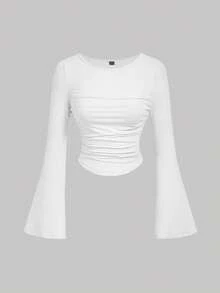 SHEIN MOD 3pcs Women Casual Solid Color Bell Sleeve Ruched T-Shirts - Grey - View 5
