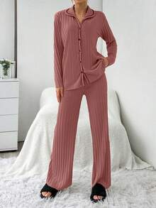 EURMUSE 2pcs Set Open Front Contrast Stitching Ribbed Pajama - Rusty Rose - View 3