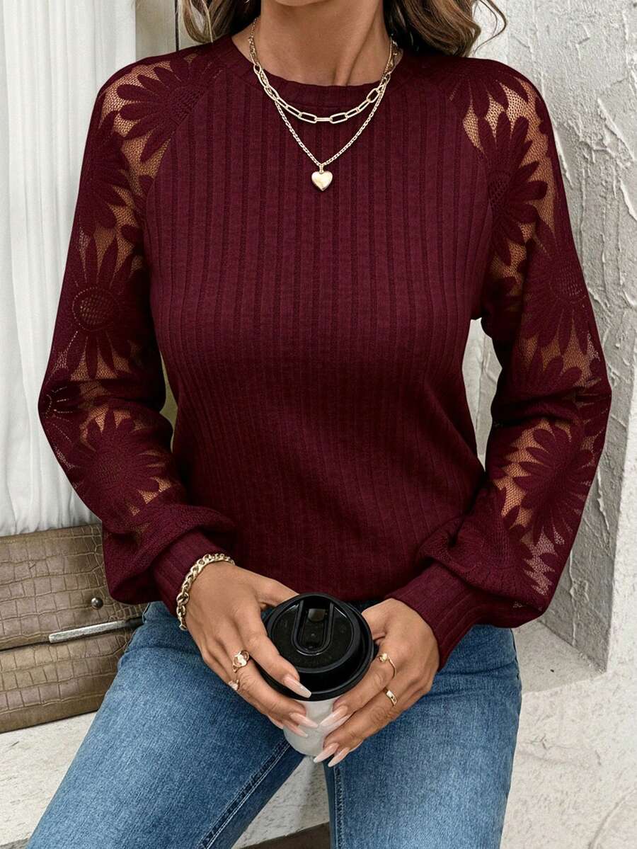 SHEIN Clasi Women's Casual Burgundy Rib-Knit Round Neck Top With Sheer Floral Raglan Long Sleeves - Burgundy - View 1