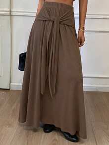Livesso Loose Waist Drawstring Tie Knot Decor A-Line Skirt, Casual Business Vacation Street Style, Autumn/Spring - Brown - View 4