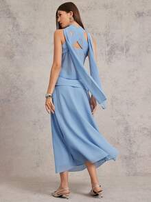 L'Amorae Chiffon Attached Scarf Double Layer Cami Top Spring Summer Easter - Baby Blue - View 4