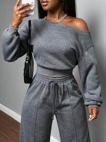 Slaydiva 2025 Autumn/Winter New Music Festival, Holiday, Western, Nomadic Style Outfit, Suitable For Birthday Party, Graduation Season, Student Wear, Casual Daily Wear, Basic Versatile, Letter Print Zip Collar, Oblique Shoulder + Straight Leg Sweatpants 2-Piece Set - Grey Faux Snow Flake For Women Grey Two Piece Set Two Piece Set Women Comfy - Dark Grey - View 5