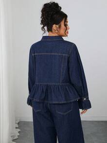 Elenzga Áo khoác denim xanh đậm thanh lịch và thoải mái cỡ lớn dành cho nữ, mùa thu/đông - Rửa tối - Xem 5