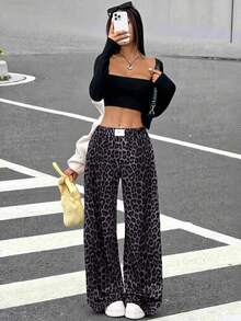 SHEIN EZwear 女士宽松字母图案、豹纹喇叭腿运动裤 - 藍色 - 查看 6