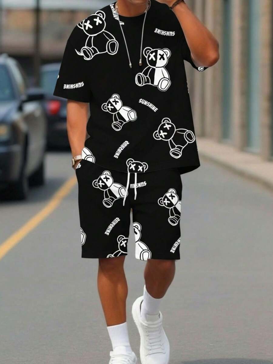 Manfinity Homme 男士休闲熊印花T恤短裤套装，夏季 - 黑色 - 查看 1