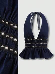 SHEIN MOD 女士露背系带露背荷叶边时尚百搭牛仔上衣夏季上衣圣诞节新年派对上衣沙滩休闲上衣亮片上衣闪亮上衣女士社交上衣女士牛仔露背短款上衣，饰有铆钉褶皱腰部和蝴蝶结后背 - 深色水洗藍 - 查看 1